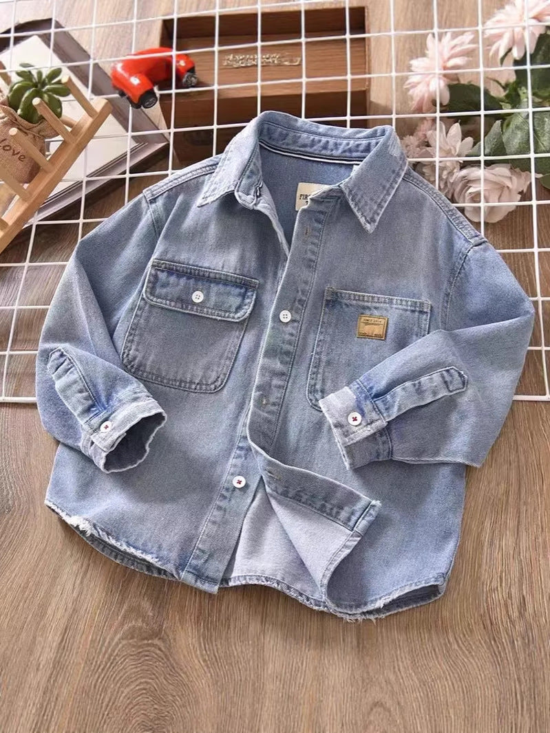 Boys' Denim Shirt Jacket Long Sleeve Korean Style Casual Top