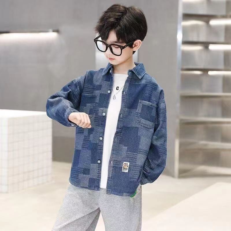 Boys' Denim Shirt Long Sleeve Casual Plaid Jacket for Kids