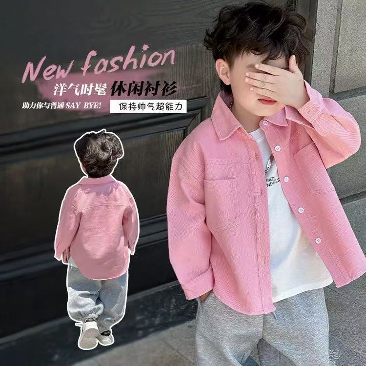 Boys' Pink Plaid Shirt Long Sleeve Casual Cotton Top