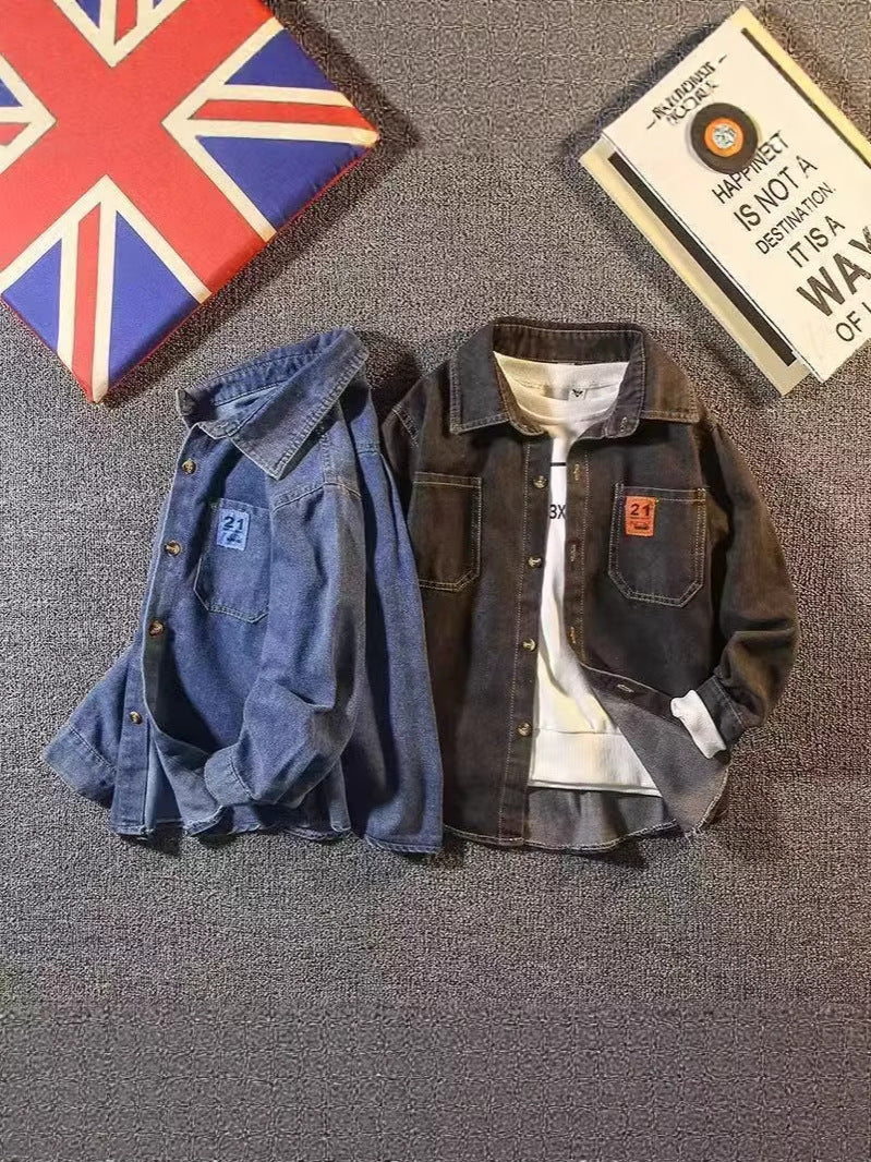 Boys' Denim Shirt Korean Style Long Sleeve Stand Collar Top