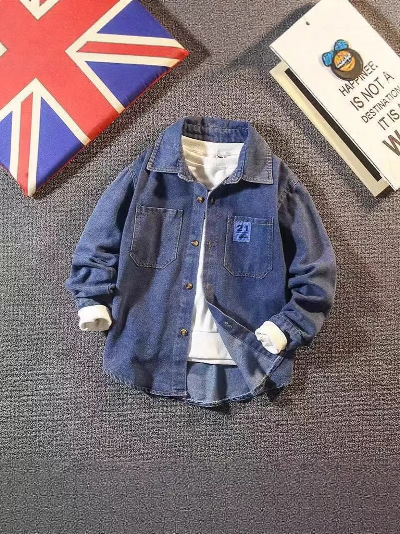 Boys' Denim Shirt Korean Style Long Sleeve Stand Collar Top