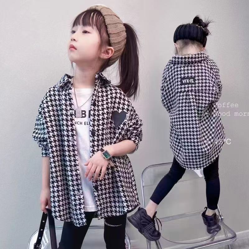 Girls' Houndstooth Shirt Jacket Long Sleeve Cotton Casual Top