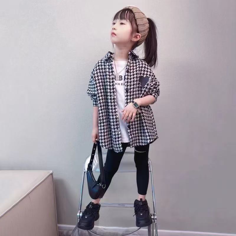 Girls' Houndstooth Shirt Jacket Long Sleeve Cotton Casual Top
