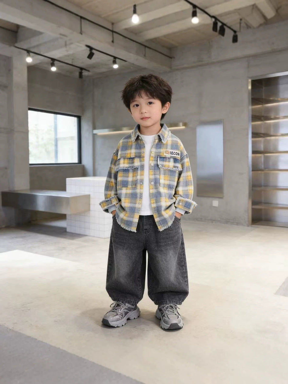 Boys' Plaid Denim Shirt Long Sleeve Cotton Casual Jacket