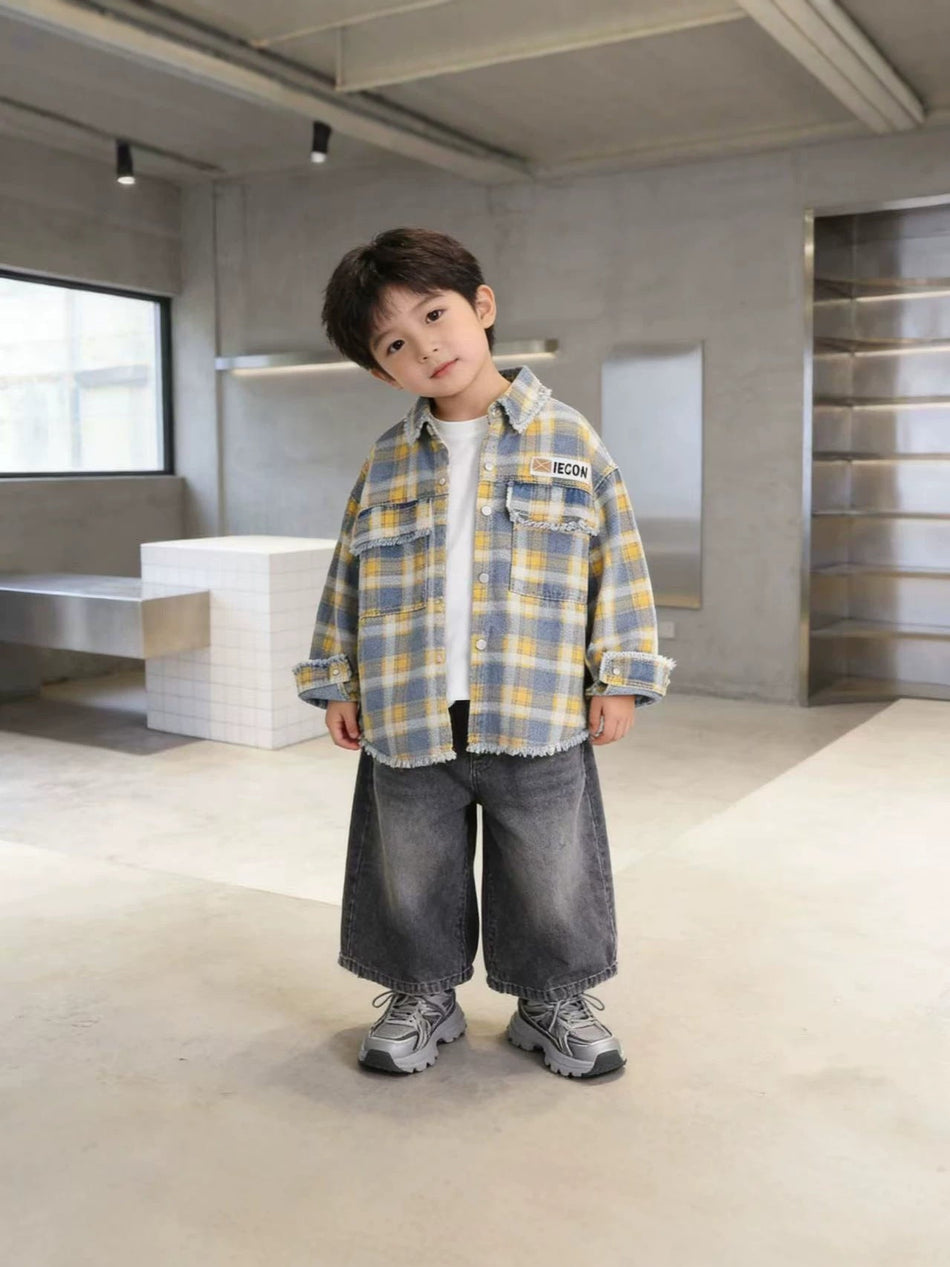 Boys' Plaid Denim Shirt Long Sleeve Cotton Casual Jacket