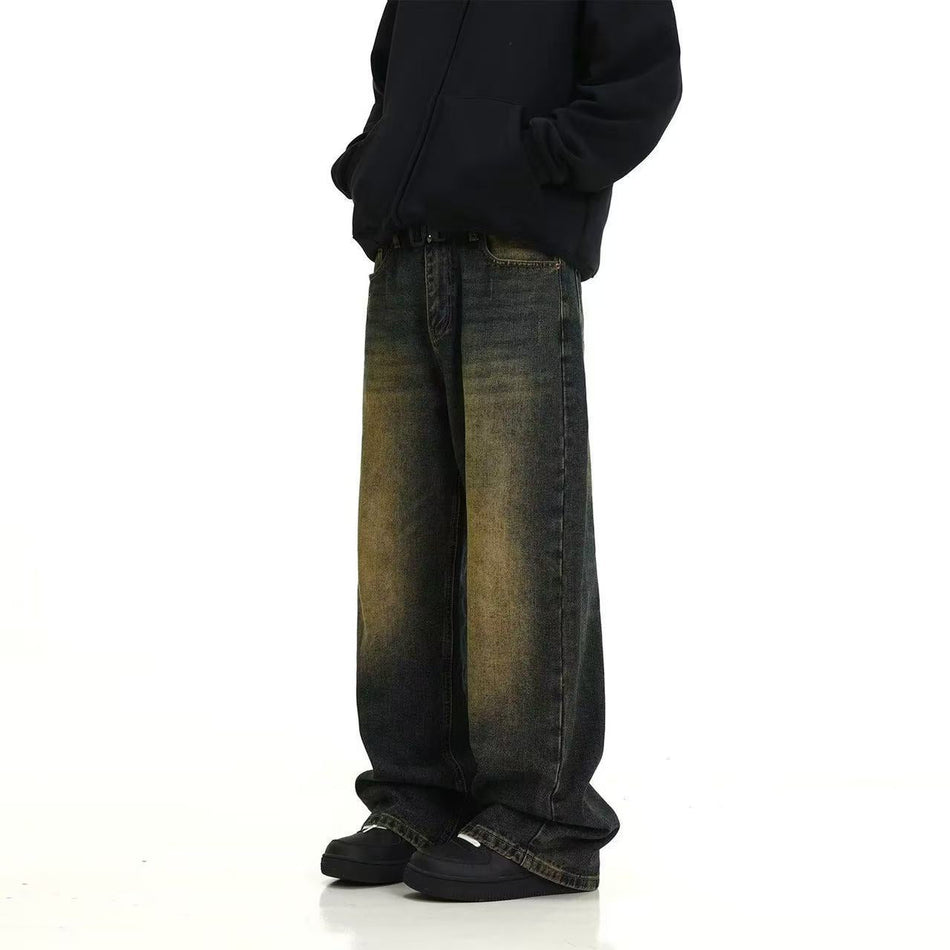 Men's Dark Blue Washed Jeans, Vintage Straight Loose Fit