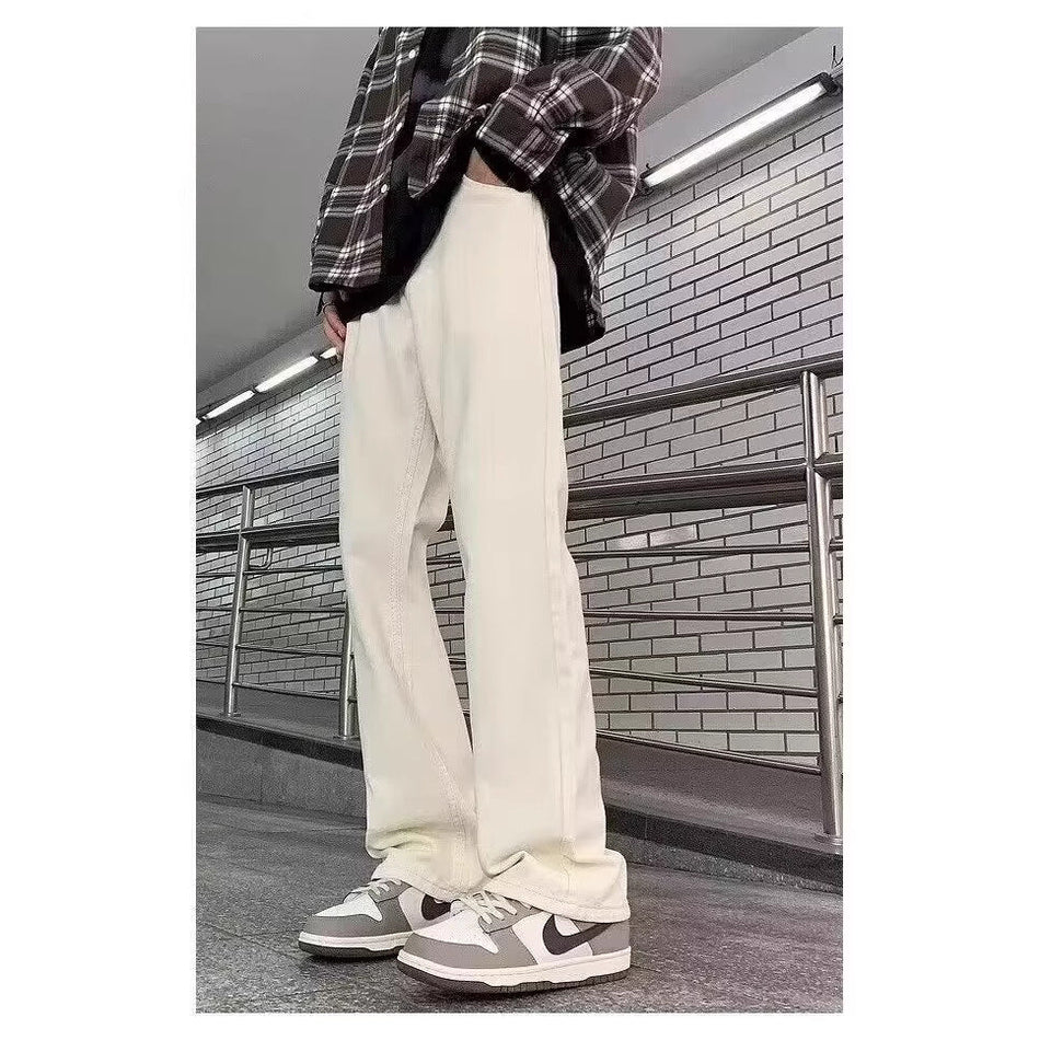 Men's White Loose Straight Jeans, Clean Fit High-Street Style