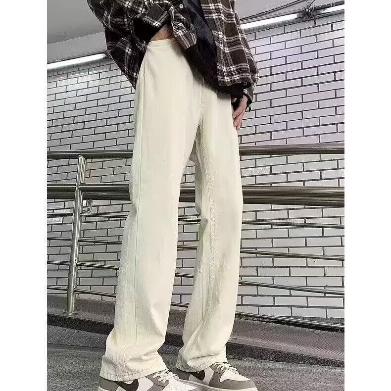 Men's White Loose Straight Jeans, Clean Fit High-Street Style