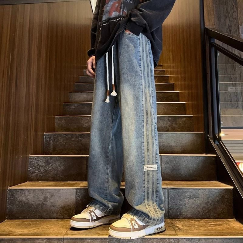 Men's Striped Retro Jeans with Loose Straight-Leg High-Street Fit