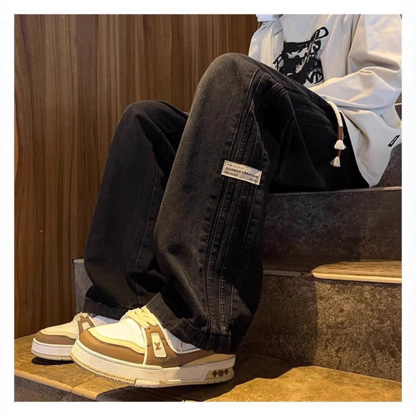 Men's Striped Retro Jeans with Loose Straight-Leg High-Street Fit