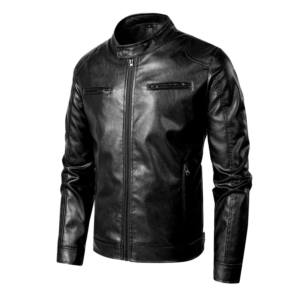 Men's PU Leather Jacket Stand Collar Loose Fit Motorcycle Coat