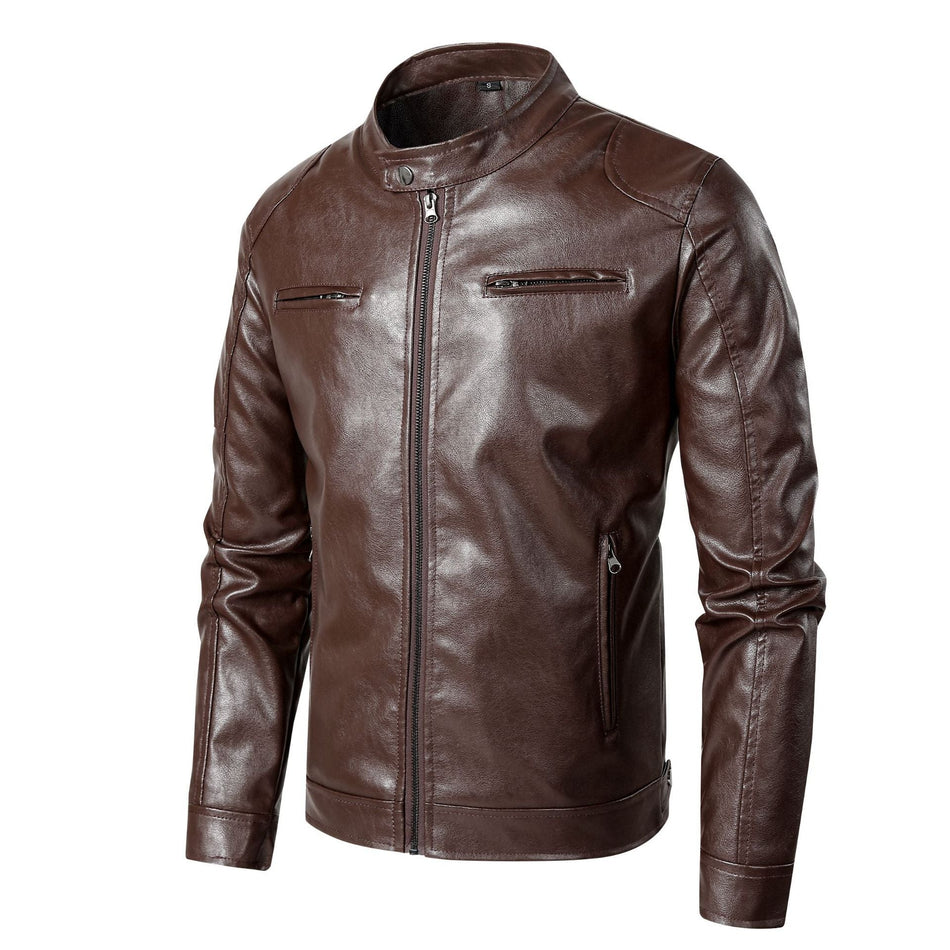 Men's PU Leather Jacket Stand Collar Loose Fit Motorcycle Coat