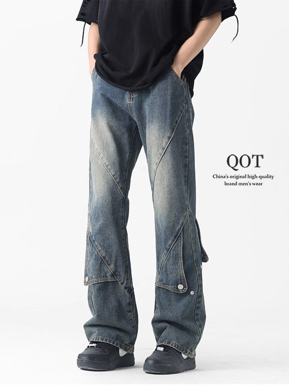 Unisex American Retro Patchwork Jeans with Straight Flared Legs