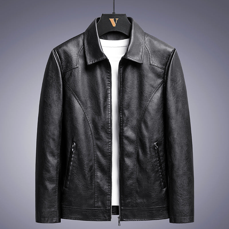 Men's Loose Fit PU Leather Jacket with Lapel Collar