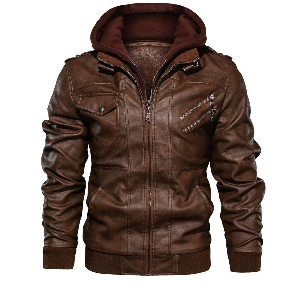 Men's Vintage PU Leather Jacket with Detachable Hood for Winter