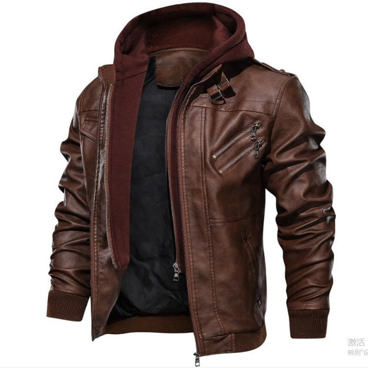 Men's Vintage PU Leather Jacket with Detachable Hood for Winter