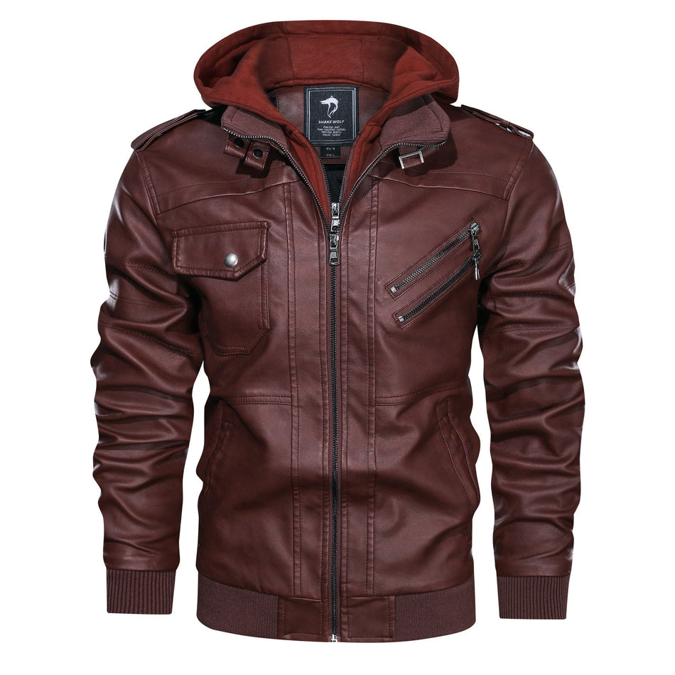 Men's PU Leather Motorcycle Jacket with Lapel Collar