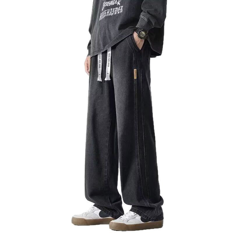 Men's Black Retro Wide-Leg Jeans with Loose Straight Fit