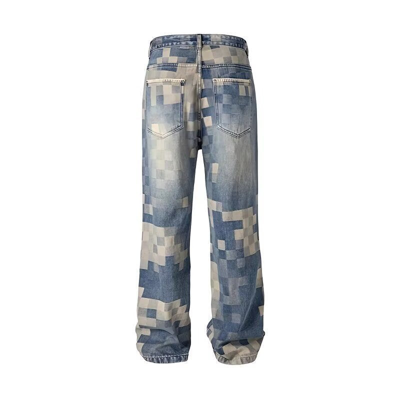 Men's Checkerboard Patchwork Jeans with Street-Style Design