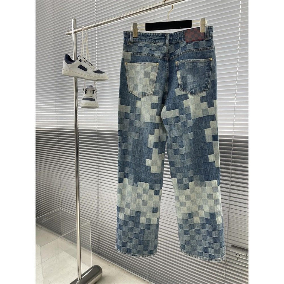 Men's Checkerboard Patchwork Jeans with Street-Style Design