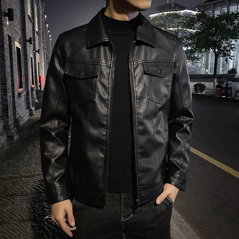 Men's Fitted PU Leather Jacket with Lapel Collar