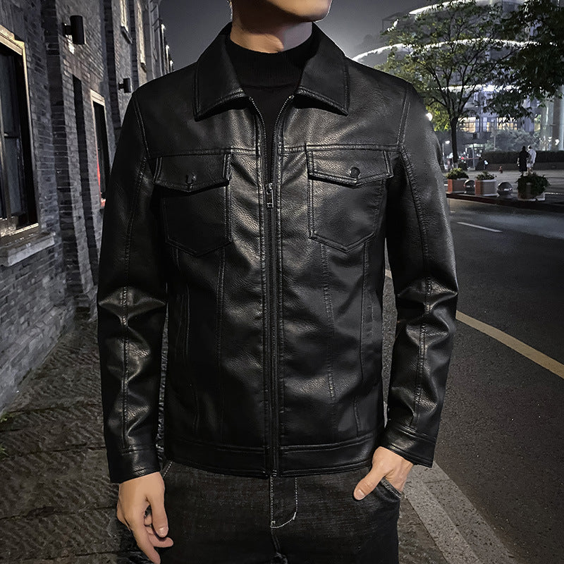 Men's Fitted PU Leather Jacket with Lapel Collar