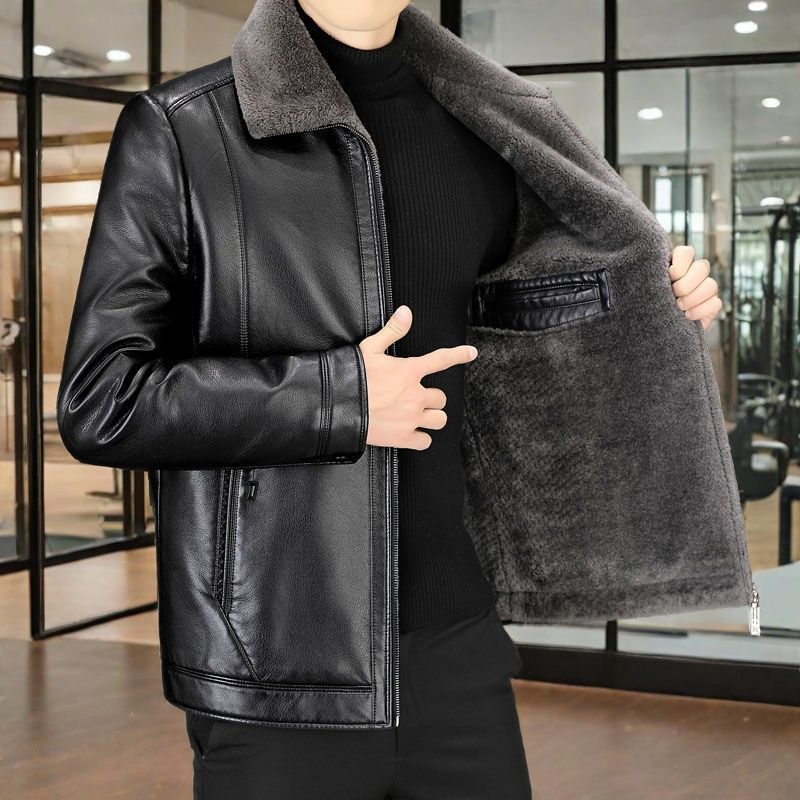 Men's Fleece-Lined PU Leather Jacket with Lapel Collar