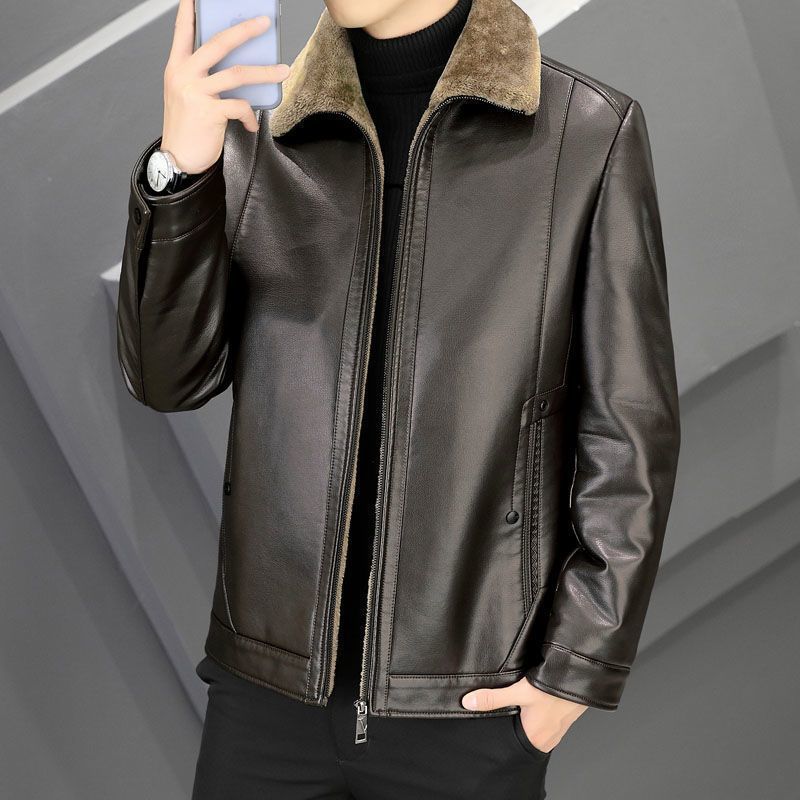 Men's Fleece-Lined PU Leather Jacket with Lapel Collar