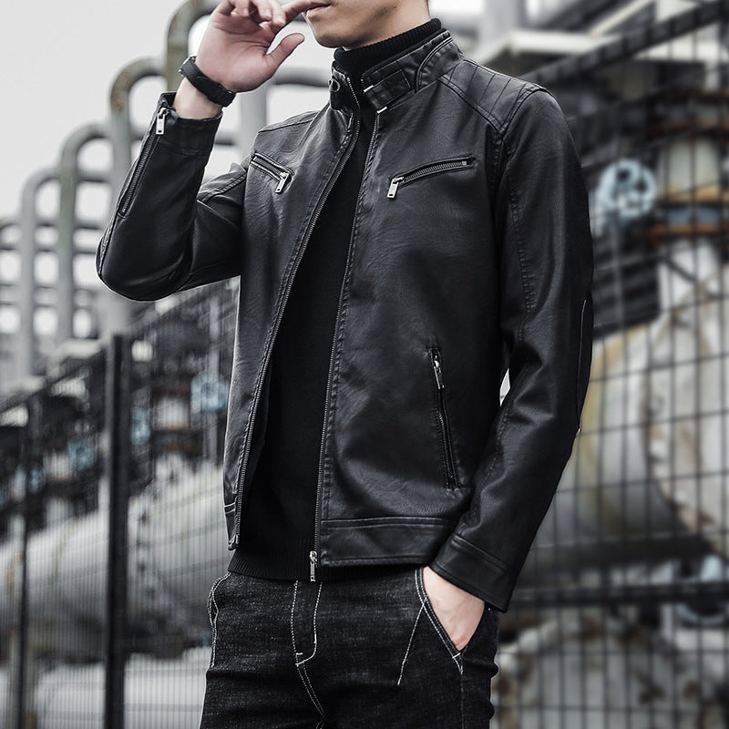 Men's Slim Fit PU Leather Jacket with Stand Collar