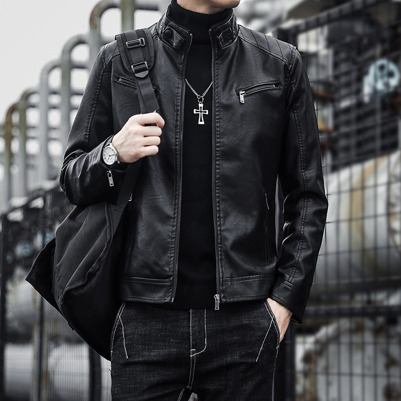 Men's Slim Fit PU Leather Jacket with Stand Collar
