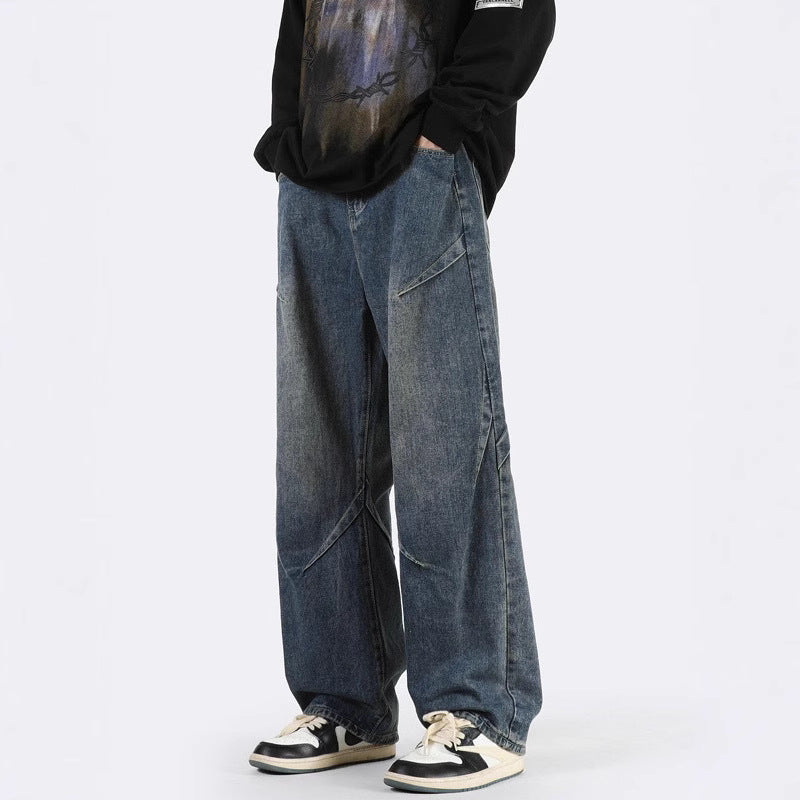 Men's Vintage Blue Wide-Leg Jeans with Loose Straight Fit