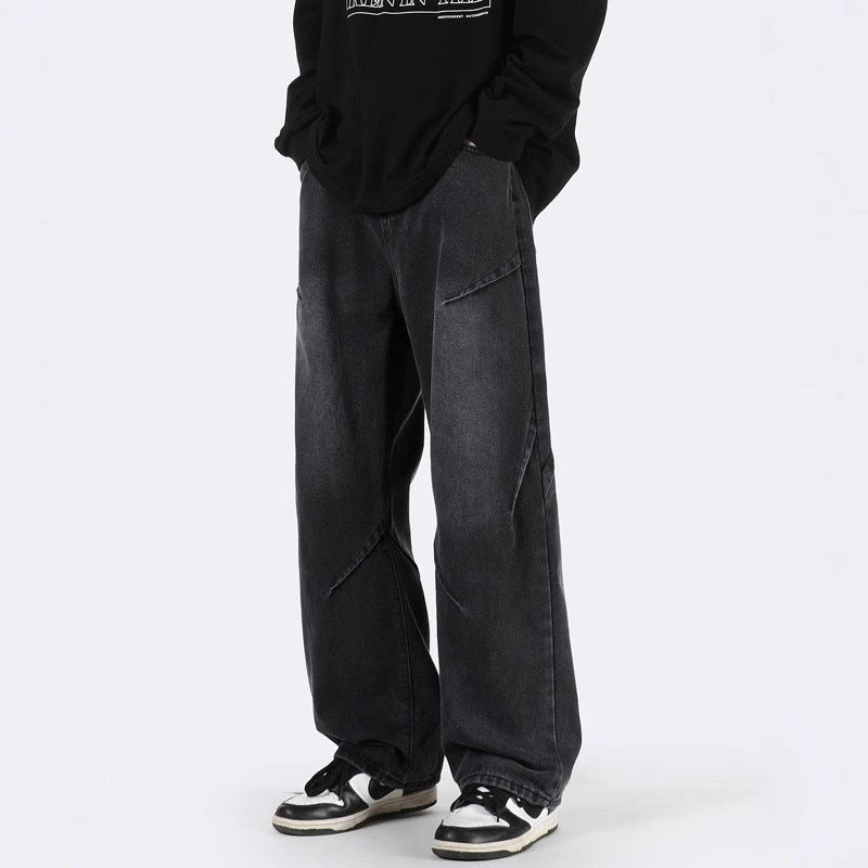 Men's Vintage Blue Wide-Leg Jeans with Loose Straight Fit