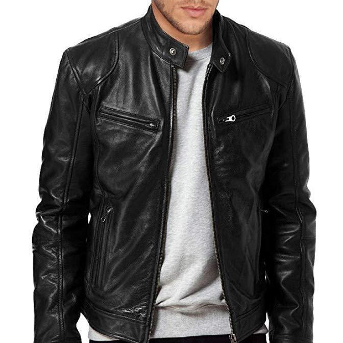 Men's Fitted PU Leather Jacket with Stand Collar
