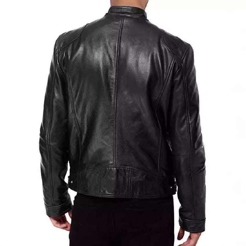 Men's Fitted PU Leather Jacket with Stand Collar