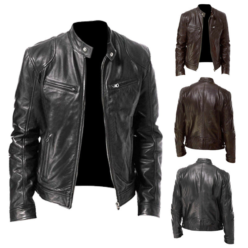 Men's Slim Fit PU Leather Jacket with Stand Collar