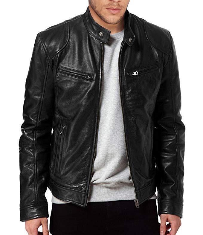 Men's Slim Fit PU Leather Jacket with Stand Collar
