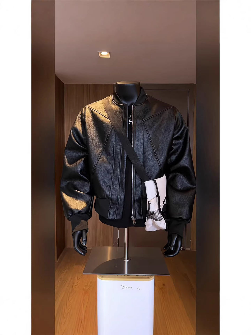 Men's Slim Fit PU Leather Jacket with Stand Collar