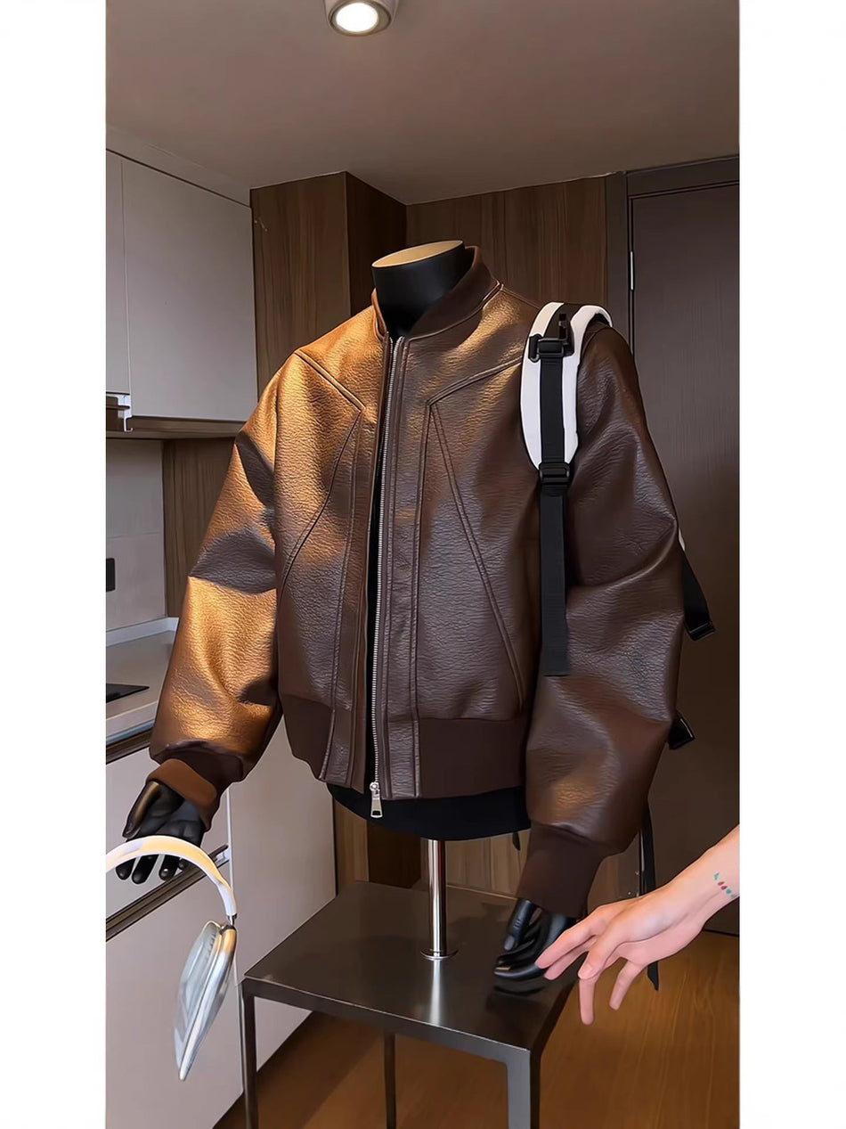 Men's Slim Fit PU Leather Jacket with Stand Collar