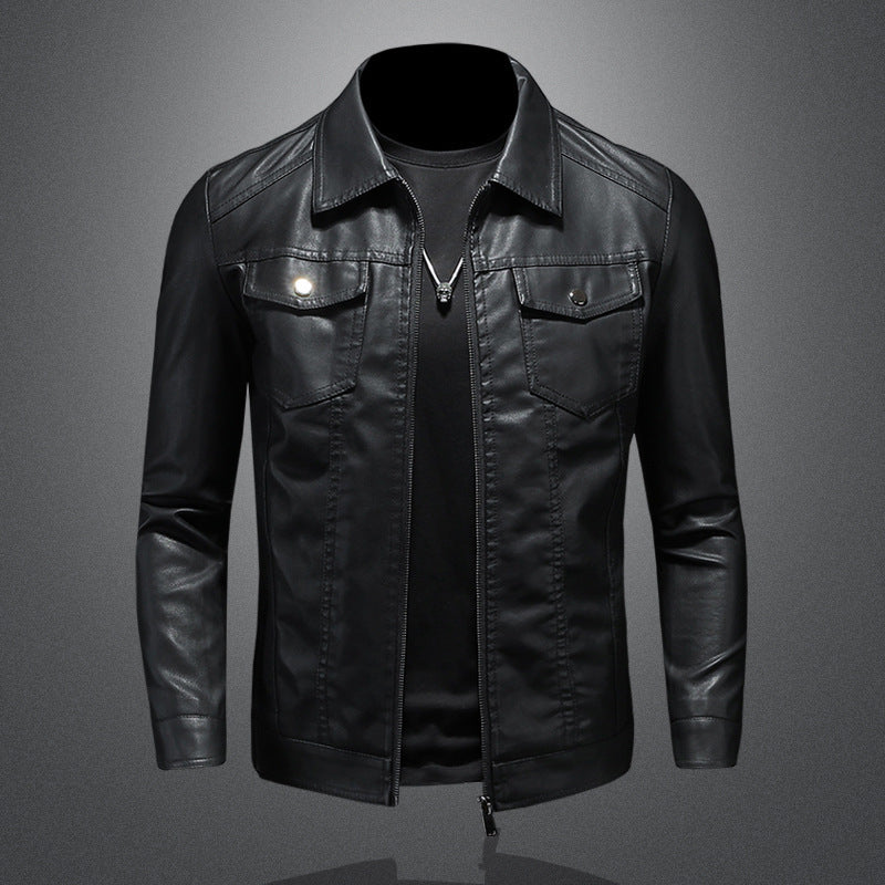Men's Fleece-Lined Motorcycle Leather Jacket with Zipper Front