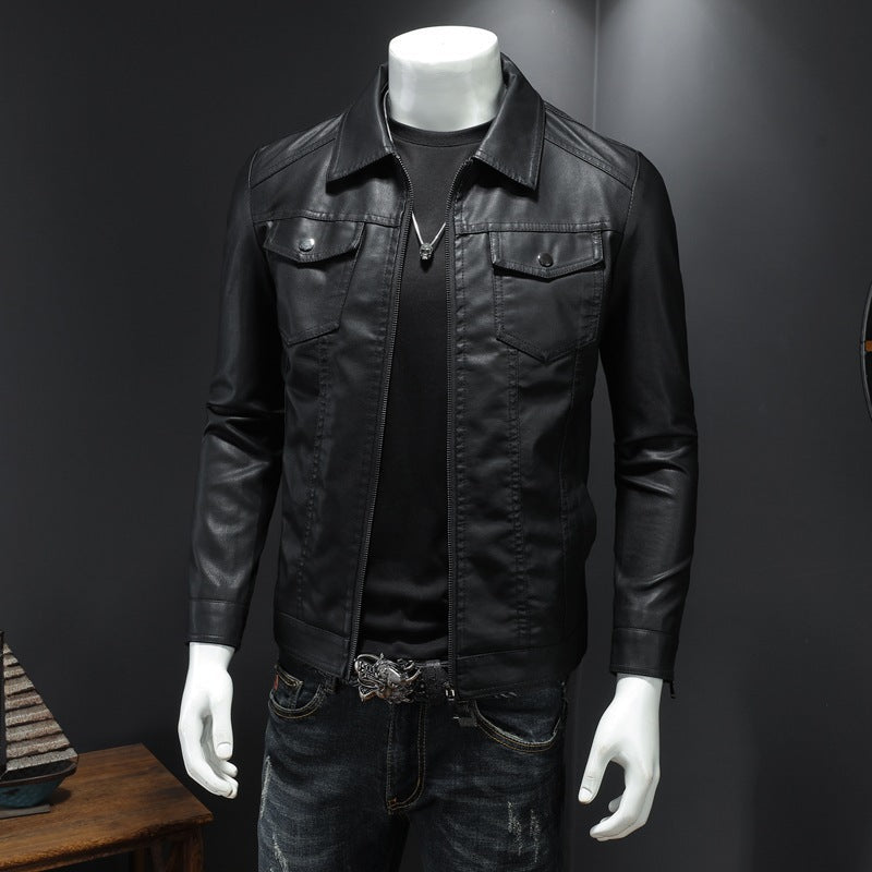 Men's Fleece-Lined Motorcycle Leather Jacket with Zipper Front