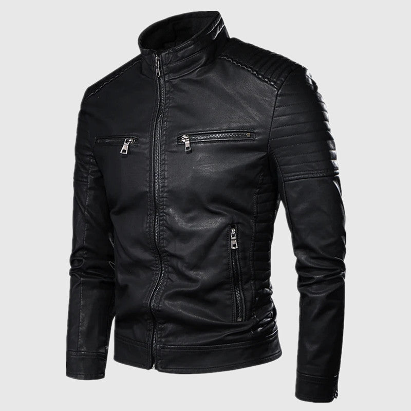 Men's Fitted Artificial Leather Jacket with Zipper Stand Collar