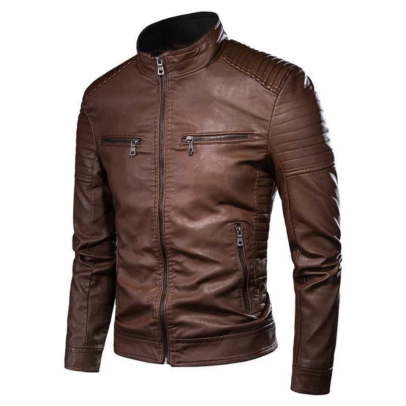 Men's Fitted Artificial Leather Jacket with Zipper Stand Collar