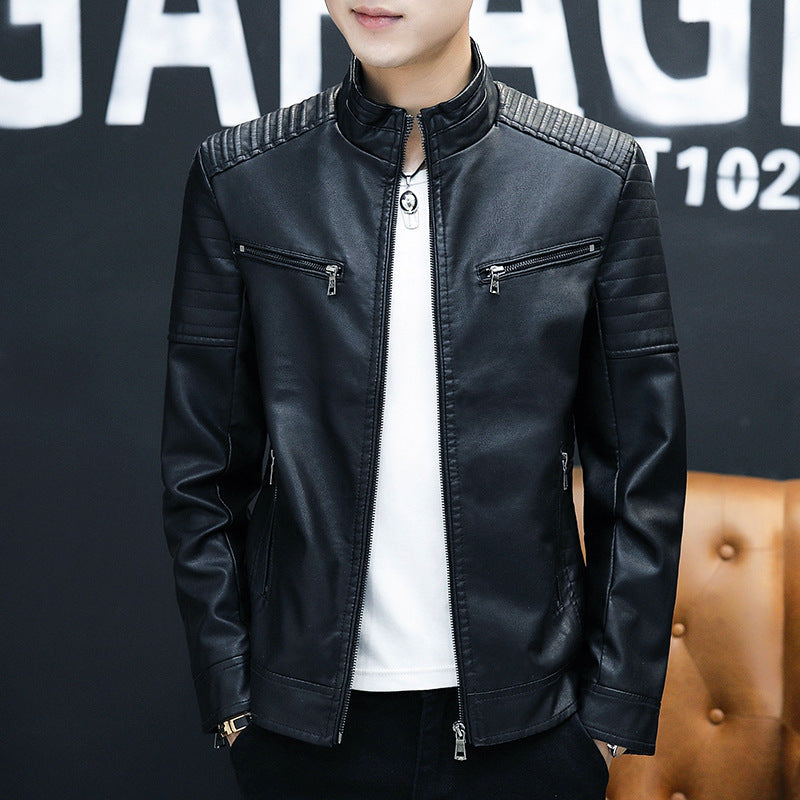 Men's Fitted Synthetic Leather Jacket with Stand Collar