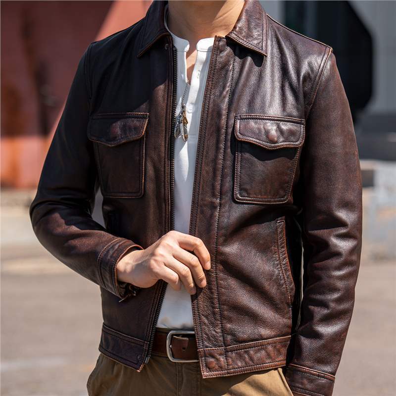 Men's Retro Artificial Leather Jacket with Lapel Collar