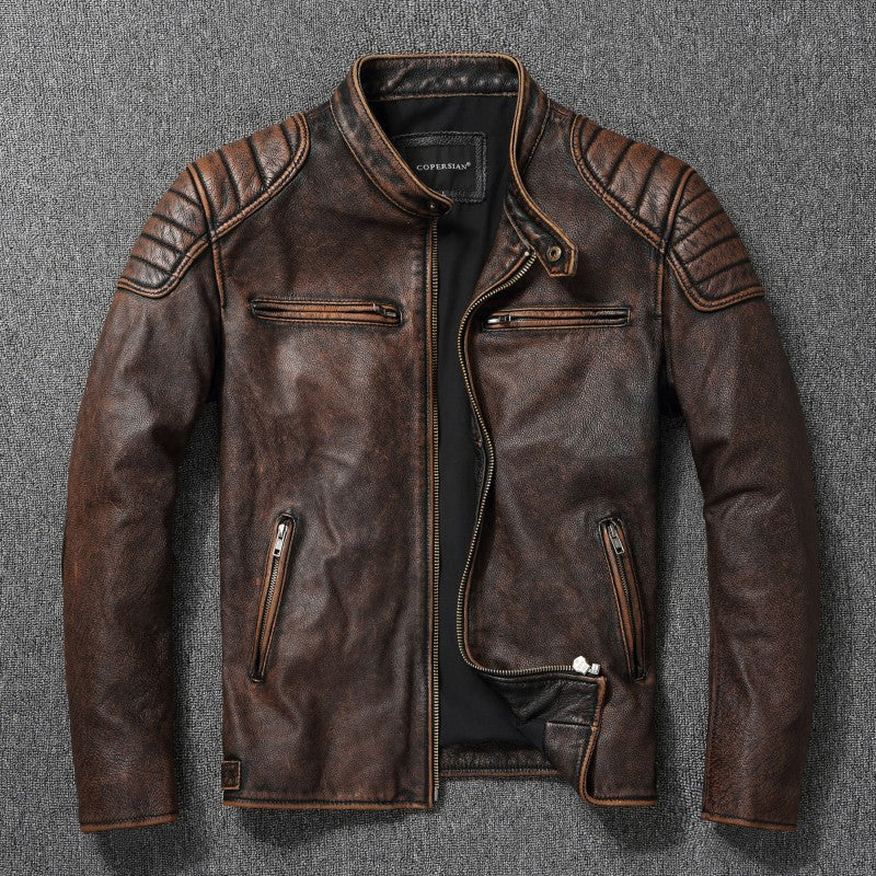 Men's Retro Artificial Leather Jacket with Stand Collar