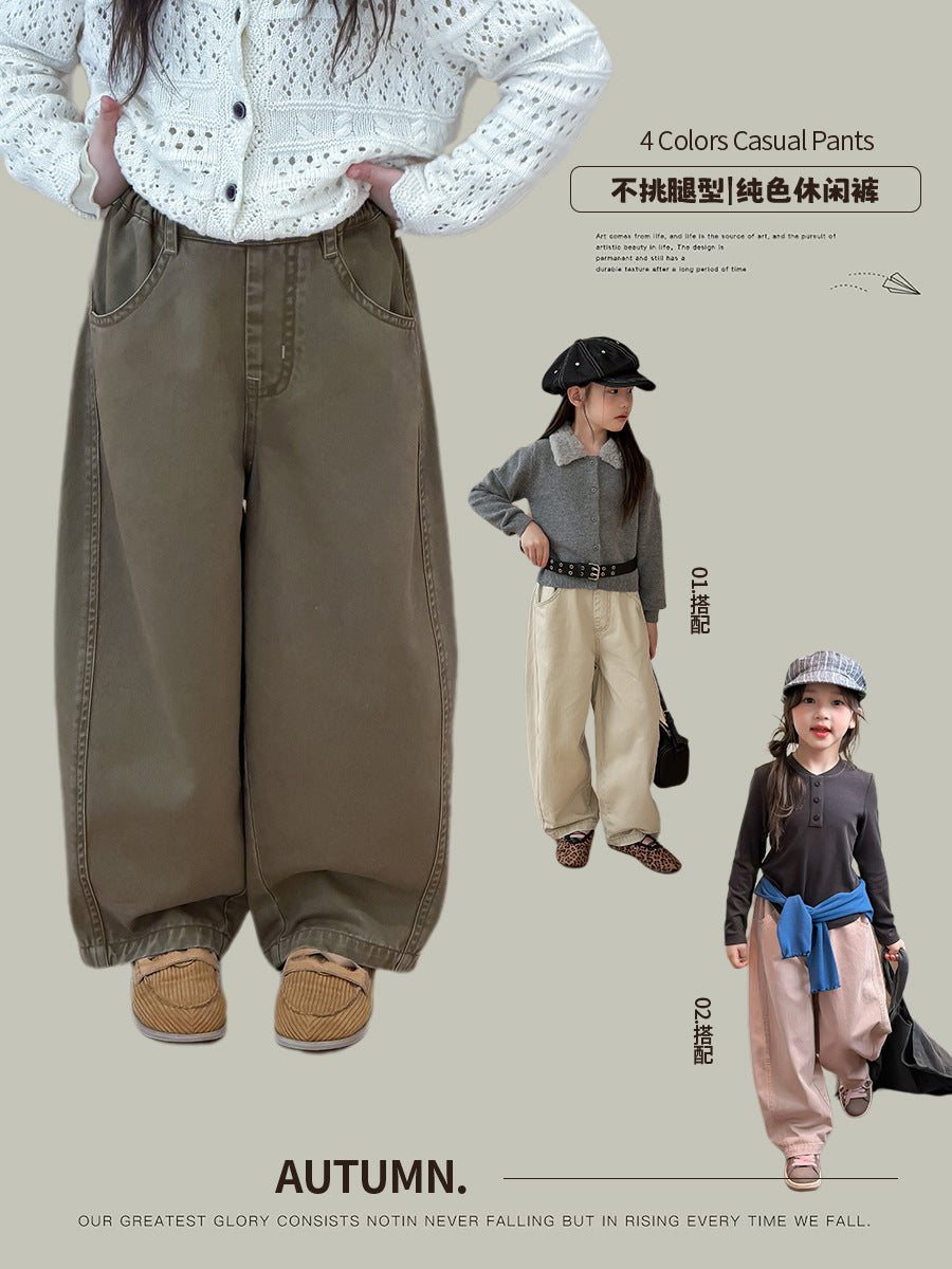 Kids' Washed Distressed Solid Color Casual Cotton Pants