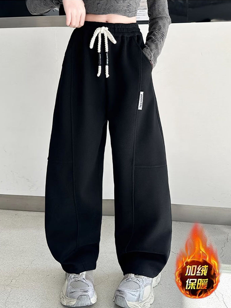 Girls' Thickened Fleece-Lined Sweatpants for Winter