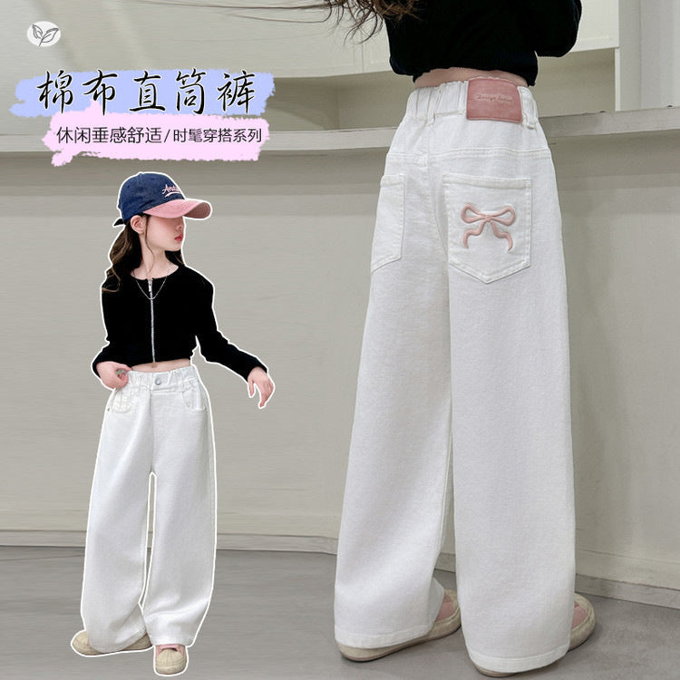 Girls' Bowknot Cotton Straight-Leg Wide-Leg Pants