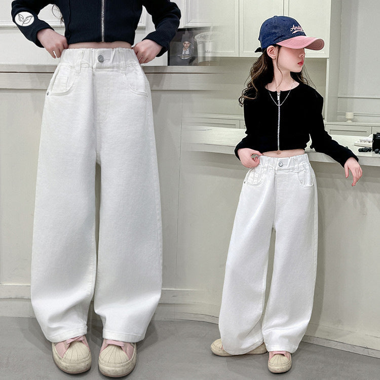 Girls' Bowknot Cotton Straight-Leg Wide-Leg Pants