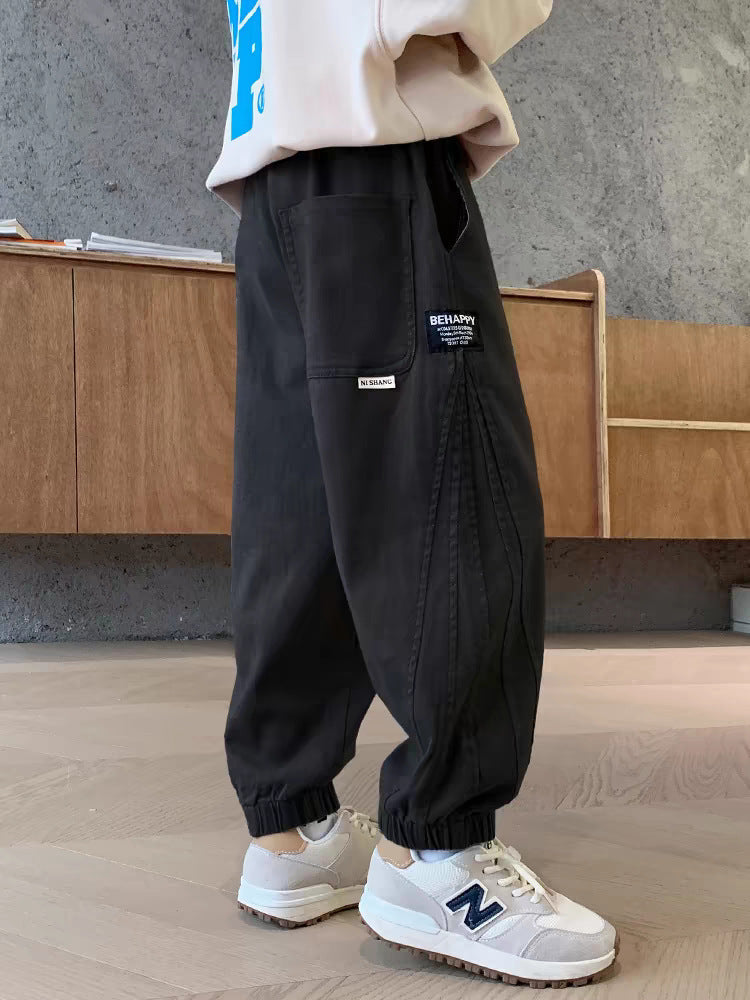 Boys' Washed Cotton Loose Cargo Pants for Autumn